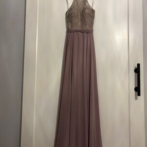 Long Formal Dress – Lace Bodice, Criss-Cross Back, Floor-Length Gown